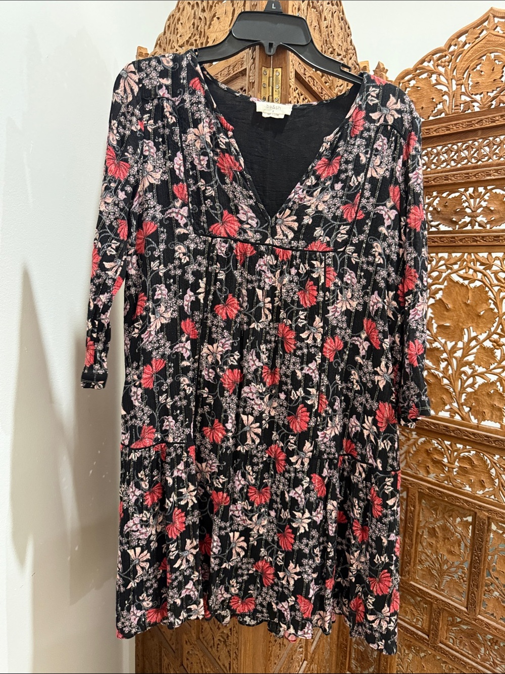 BA&SH Boho Floral V-Neck Dress in Black with Pink & Red Flowers